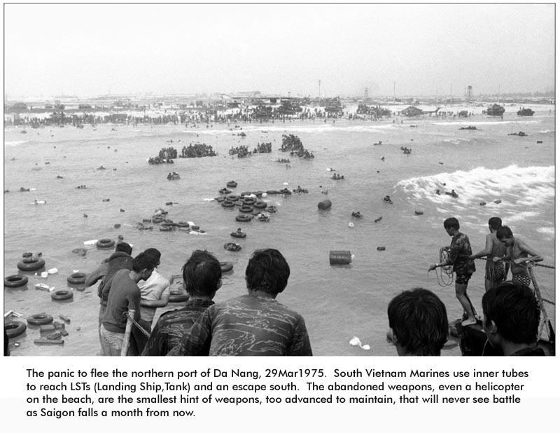 VietNam Beach At Da Nang - Refugees on Innertubes try to reach LSTs off shore -1975 Mar 29